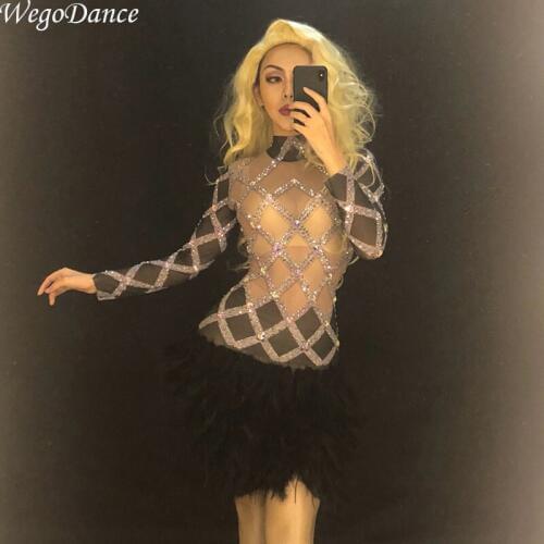 New Women Sexy Net Yarn Black Feather Skirt AB Sparkling Crystals Nightclub Party Stage Wear Singer Dancer gogo Bling Costumes