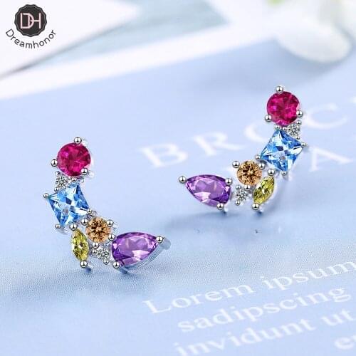 Dreamhonor Fashion 925 Sterling Silver Colorful Crystal Zircon Stud Earrings Women Exquisite Girlfriend Jewelry Accessories