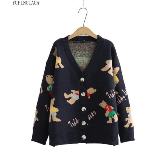 Autumn Winter New Style Bear Print V-neck Sweet Sweater Cardigan Womens Long-Sleeved Casual Single Breasted Thin Sweaters