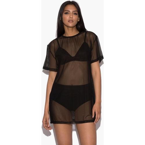 Women Soft Pullover Casual Loose Black Mesh Sheer Beach Bikini Cover Up Ladies Sexy Short Sleeve Mini Dress 2019 Summer