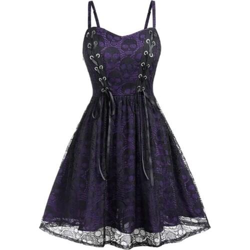 2020 Summer Women Lace Mini Dress Spaghetti Strap Skull A-line Punk Gothic Dresses Female Retro High Waist Lace Up Vestido