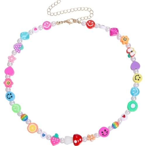 Mushroom Smiley Face Imitation Pearls Beaded Necklace for Women Gold Color Necklaces Female Long 2021 Fashion Jewelry New