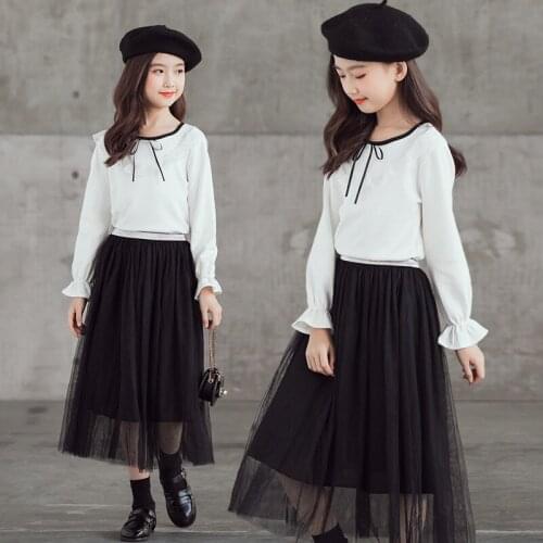 2021 Girl Clothes Suit Boutique Kids Clothing Sets Autumn Girls Bow Shirts + Black Skirts 2 Pcs Set 4 6 8 10 12 14 Y Children