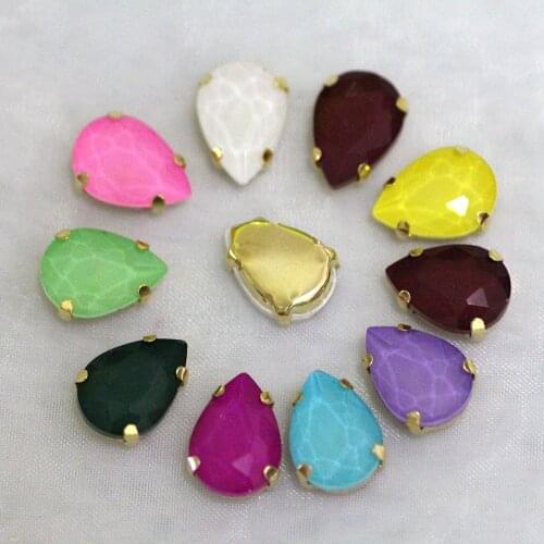 20pcs mix color 10x14mm Teardrop Sew on Rhinestones With Gold or Silver base claw Glass crystal rhinestone for dress decoration
