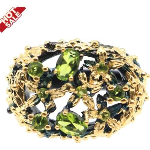 25x19mm 12.4g Unique Bohemia Design Created Green Peridot Gift For Women Amazing Jewelry Dating Girls Black Gold Silver Rings