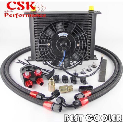 30 Rows AN8 Oil Cooler +7" Electric Fan + Filter Adapter Kit BLACK