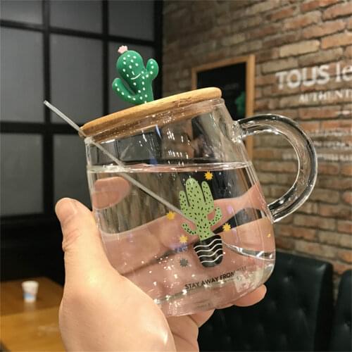 400ml Glass Cup with Lid Spoon Cactus Transparent Coffee Mug Personality Creative Trend Couple Cup For Girls Student Gift Cup