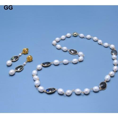 GuaiGuai Jewelry Natural White Rice Pearl Rosary Chain Labradorite Bezel Set Sweater chain Necklace Earrings Sets For Women