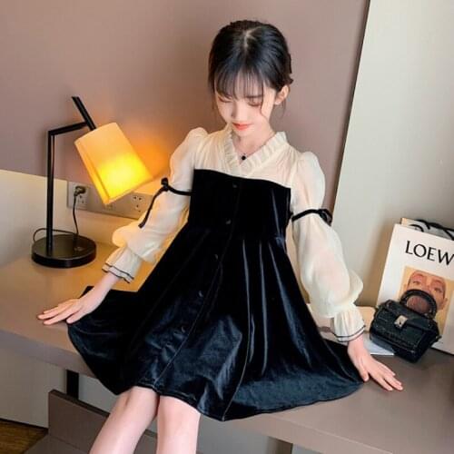 Velvet Party Dress For Girls Autumn Bowknot Long Sleeve Kids Clothing Classic Kids Dresses for Girls 4 5 7 9 11 13 Years Old