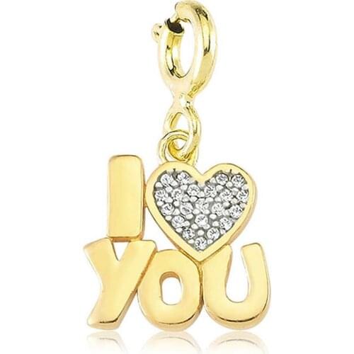 Valori Jewels Love You, Zirconia White Gemstone, Gold Plated, Sterling Silver Charm