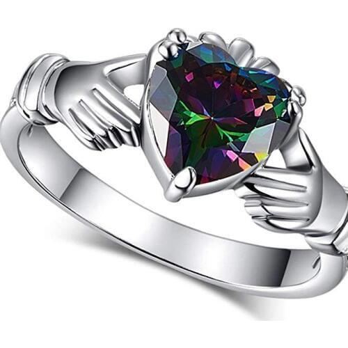 Huitan Fashion Heart Claddagh Ring with Rainbow CZ Prong Setting Silver Plated Fashion Jewelry Best Lover Gift Rings for Women