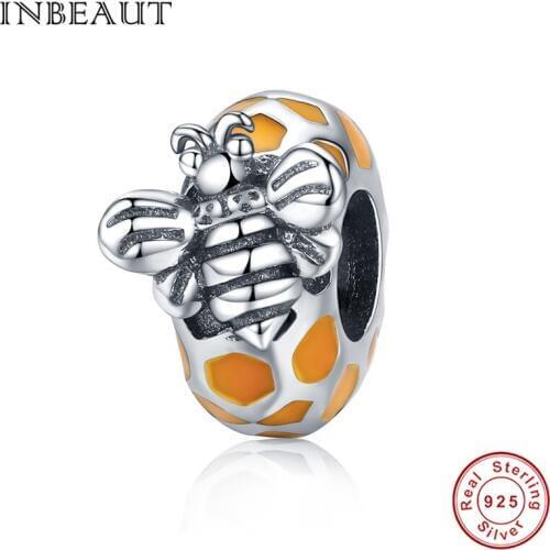 INBEAUT 100% 925 Sterling Silver Brown Enamel Honeycomb Bee Beads Cute Flying Honey Insect Shape Charm fit Brand Bracelet
