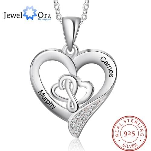 JewelOra Personalized 925 Sterling Silver Heart Necklace with 2 Engraving Names Customized Couples Necklaces S925 Fine Jewelry