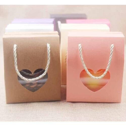 30pcs Heart Window Paper Gift Box Pink Handle Cand Box Bags Retangular Shape PVC Film Window Packaging Bag Party Supplies