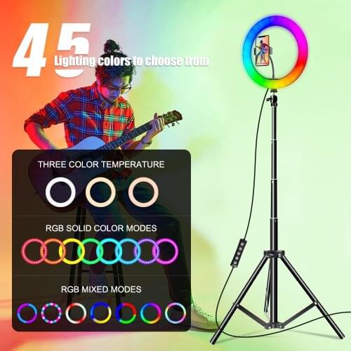 Rgb Ring Light 45 Colors Phone Selfie Ring Lights Tripod Remote Shutter Ring Lamp 26Cm 10Inch for Streaming Phone Video Youtube
