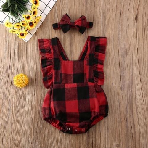 Pudcoco Newborn Baby Boy Girl Clothes Plaids Sleeveless Ruffle Romper Jumpsuit Headband 2Pcs Outfits Cotton Clothes