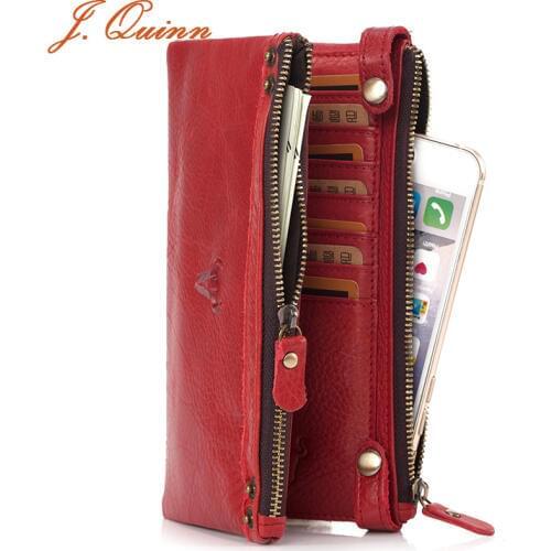 J.Quinn Womens Zipper Wallets 100% Genuine Cow Leather Ladies Purse Lady Coin Phone Red Long Wallet Female Clutch Bag Women Gift
