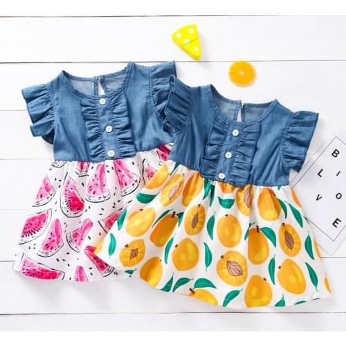 Girl Summer Dresses Toddler Kid Baby Ruffle Sleeves Denim Patchwork Floral Fruit Princess Clothes Vestido Beach Wear