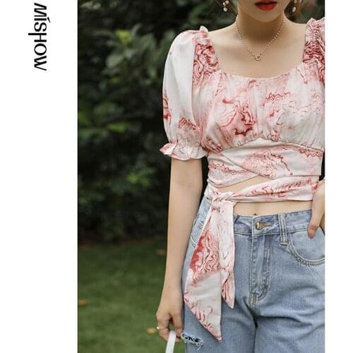 MISHOW Chiffon Shirt Womens 2021 Summer New Style Waist Tie Ink Painting Puff SleeveHollow Blouse Female Trend Tops MXA24X0026