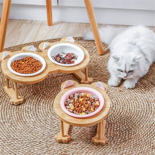 Fashion High-end Pet Bowl Cartoon Patterns Bamboo Frame Ceramic Bowl Feeding and Drinking Bowls for Dog Cat Accessory