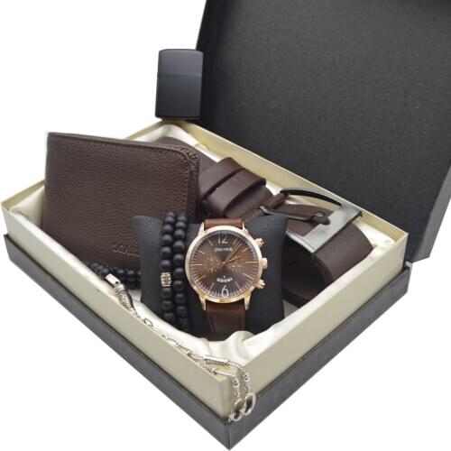 Mens Watch Gift Set Dark Brown - Watch + Rosary + Wallet + Belt + Lighter + 2 Bracelets