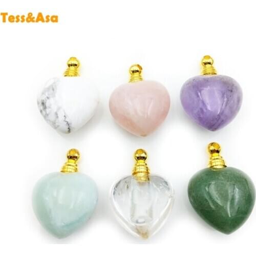 Natural Heart shape gems perfume bottle pendant amethysts rose crystal quartz essential oils diffuser stone vial for necklace