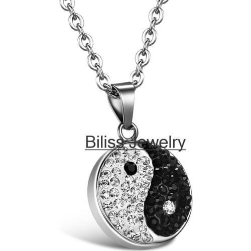 2020 New Mens Womens Luxury Rhinestone Stainless Steel Yin Yang Pendant Necklace 22" Chain Charm Necklace Women Valentines Gift