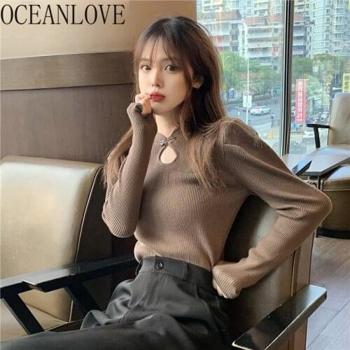 OCEANLOVE Korean Solid Hollow Out Vintage Knitted Pullover 2021 Spring Long Sleeve Slim Bodycon Elegant Women Clothes