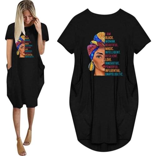 African Fashion I Am Black Woman Beatiful Letters Print Women Summer Dress With Pocket Ladies O Neck Tops Female T Shirt Dress