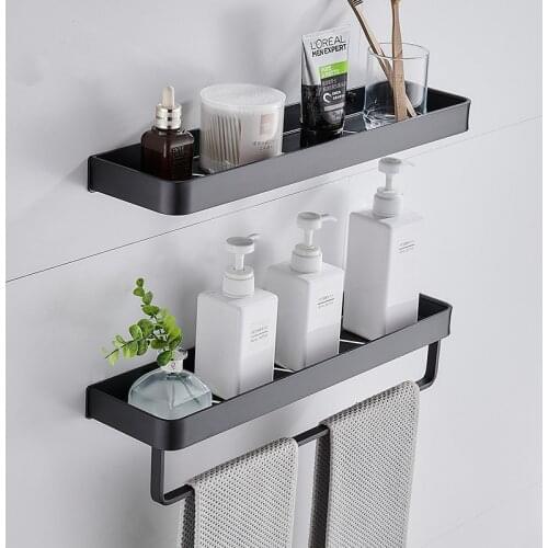 Bathroom Black Shelf with Towel Bar Space Aluminum Corner Shelves Towel Rack with Hook Shampoo Holder Kitchen Storage Rack