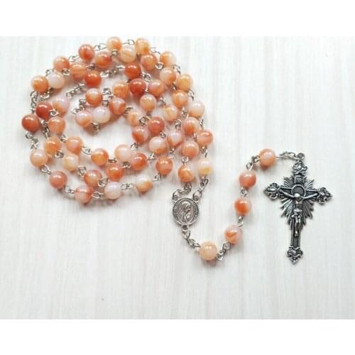 QIGO Religious Pray Jewelry Orange Stone Rosary Antique Cross Long Strand Necklace