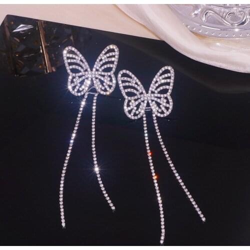 Romantic Full Rhinestone Butterfly Earrings for Women Sparkling Crystal Long Tassel Drop Dangle Earrings Party Jewelry Gifts