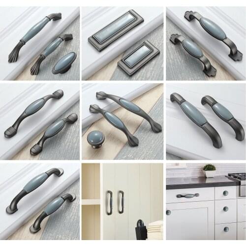 1Pc Oval/Round Button Knob Ceramic Inlay Handle Simple Vintage 64/96/128mm Hole Length Alloy Pull Furniture Handle