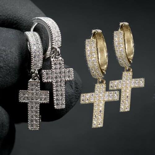 Silver Color Cross Stud Earrings with Bling Zircon Stone for Man Women Hip Hop Fashion Jewelry 2021 New