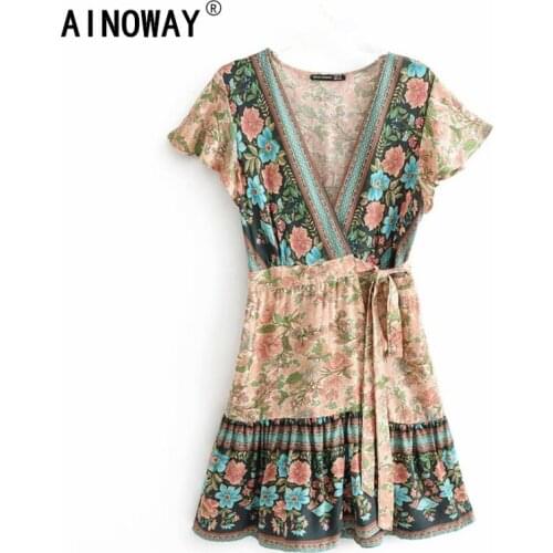 Vintage chic women floral print V-neck rayon cotton Vacation Bohemian mini dress Ladies short sleeve Boho dresses vestidos
