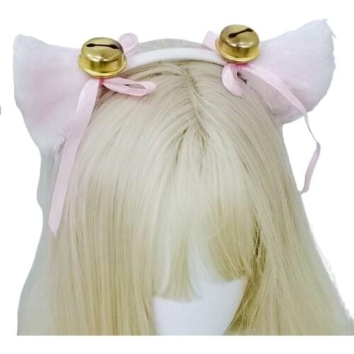 Japanese Lolita Cosplay Headband Sweet Faux Fur Plush Cat Ears Hair Hoop with Bells Bow Masquerade Anime Party Costume