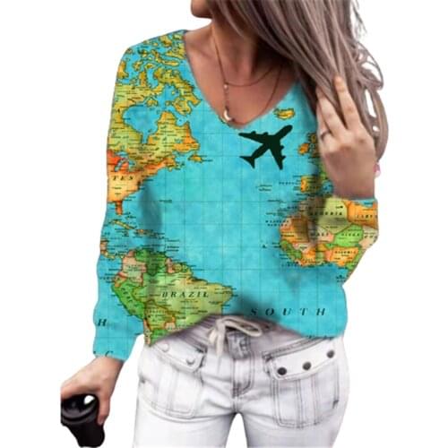 Large Size Map Print T-shirt Women Pullover Tops Autumn Elegant V-Neck Lantern Long Sleeve Tees Fashion Casual Street Clothes