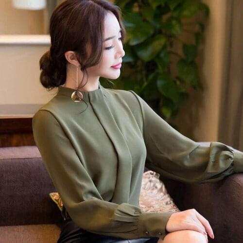 Women 2021 Spring New Fashion Solid Color Chiffon Shirts Female Long Sleeve Casual Shirts Ladies Stand Collar Thin Blouses U214