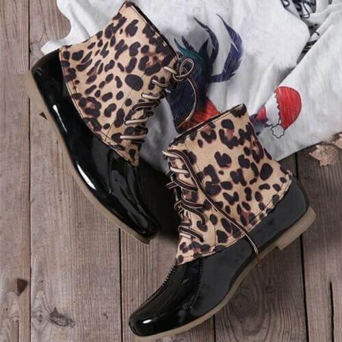Womens Boots 2020 Shiny Leopard Print Leather Shoes Womens Duck Down Boots Waterproof Zipper Rubber Sole Lace Up Ankle Shoes