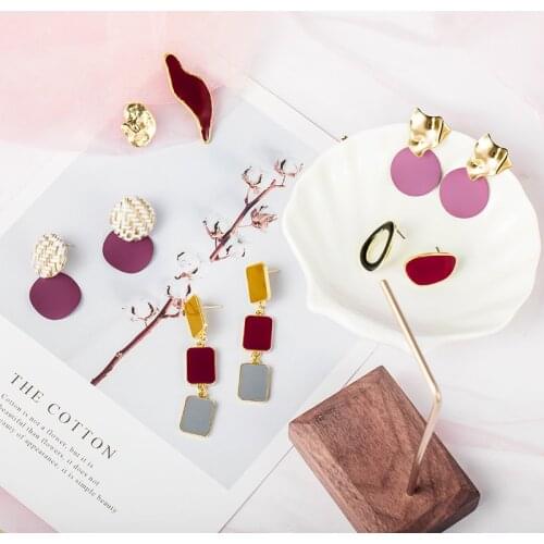 New Design Vintage Colorful Enamel Irregular Geometric Asymmetric Oval Round Long Stud Earrings for Women Girl Jewerly Gifts