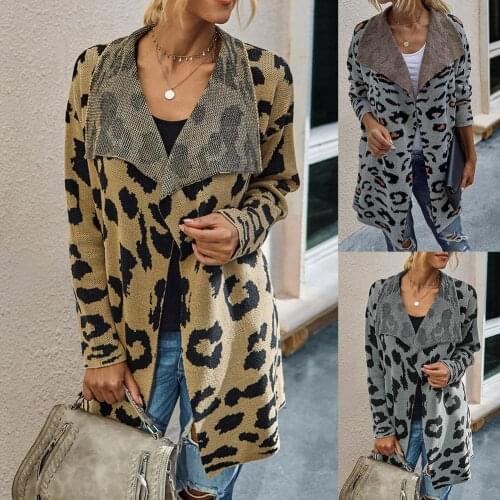 Women Open Front Lapel Leopard Print Shawl Long Sweater Coat Party Cardigan Womens clothing woman sweaters свитер женский 2020