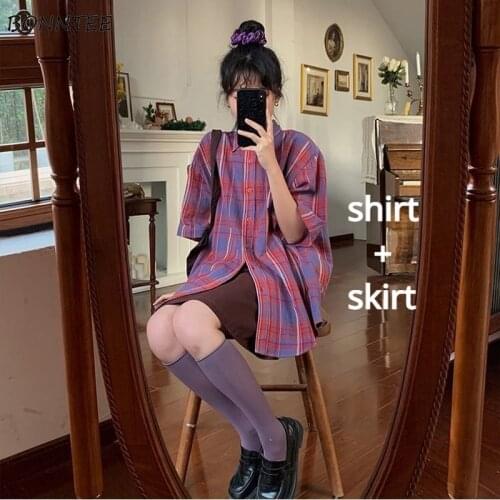 Sets Women Outfits Leisure Plaid Harajuku Daily Stylish Shirts and Popular Simple Mini Skirt Chic Summer 2 Pieces Set Streetwear