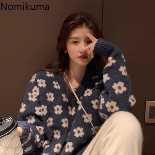Nomikuma Pull Femme Flower Pattern Pullover Jumpers V Neck Long Sleeve Casual Loose Vintage Knitted Sweater New Fashion 3d922