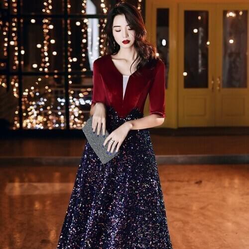 Long Evening Dress Colorful Sequins Robe De Soiree V-Neck For Women Burgundy Party Gown