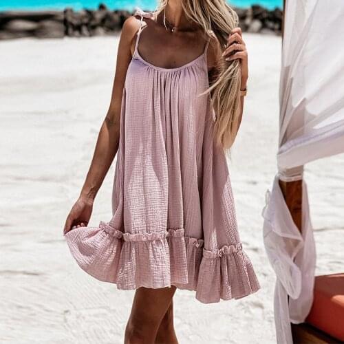 Women Summer Solid Sling Backless Mini Dress Fashion Casual Loose Beach Dress 2021 Sexy V Neck Sleeveless Ruffle Party Dresses