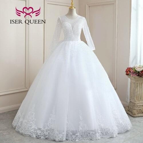 South American Fashion New Wedding Dress Pears Beaded Pure White Color Long Sleeves Ball Gown Bride Dresses Women WX0257