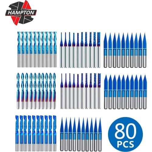 10/40/80pcs 3.175mm Shank Milling Cutter Nano Blue Coated CNC Corn Router Bits Carbide Engraving Cutter CNC Milling Tools