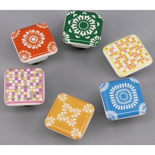 1x Modern Look Square Flower Mosaic printed Ceramic Pottery Door knobs Cabinet Handle Cupboard Pulls Drawer Puller knob