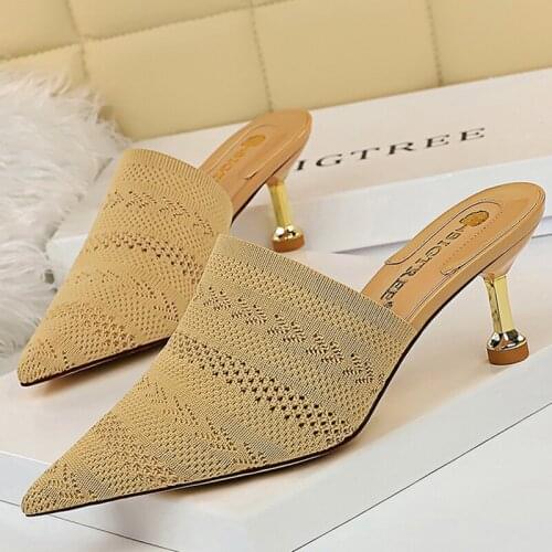 2021 Summer Retro Women 6cm High Heels Casual Slippers Mules Designer Nude Kitten Heels Mesh Knitted Slippers Lady Party Shoes