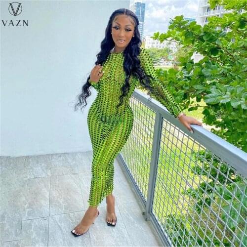VAZN 2021 Autumn Hollow Out Sexy Club Green Open Sweet Young Full Sleeve High Waist Maxi Dress Young Vestidos For Female